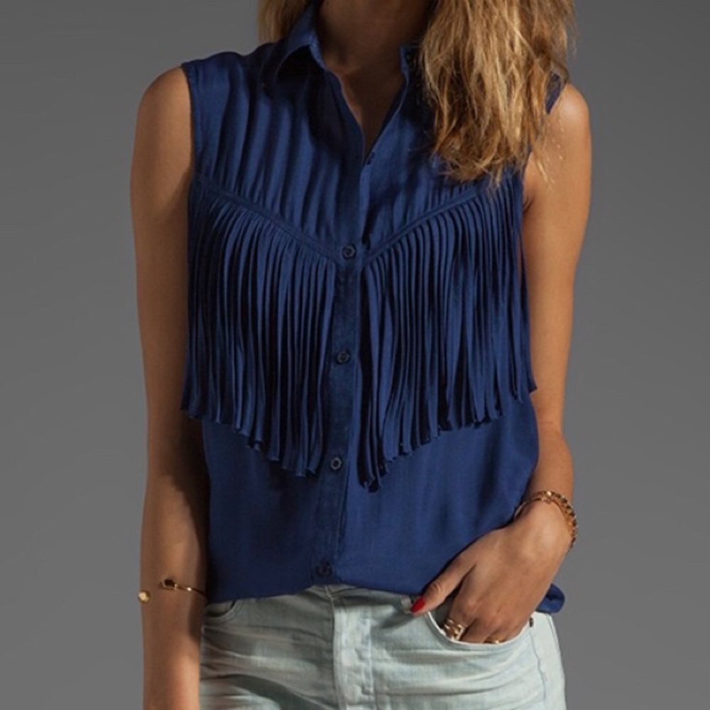 Women's Blue Fringe Sleeveless Top